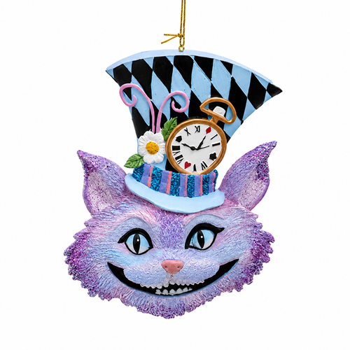 Cheshire Cat ornament with purple face, wide smile, and tall patterned hat.
Whimsical resin and acrylic cat ornament with clock, flower, and glitter details.
Kurt Adler Cheshire Cat Christmas ornament with blue hat and gold hanging cord.