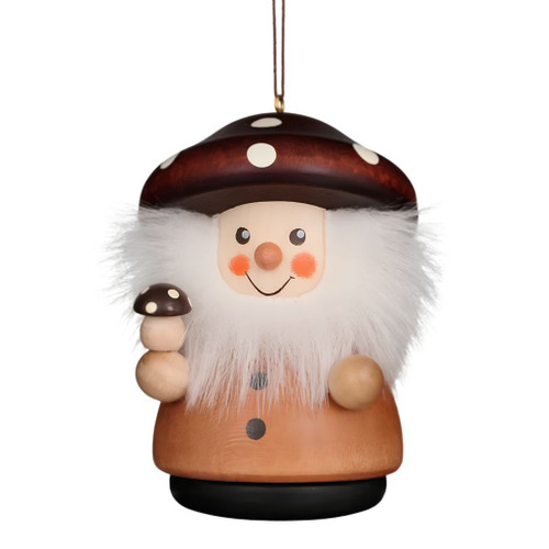 Christian Ulbricht mushroom man ornament with spotted mushroom cap.
Wooden hanging ornament featuring a smiling mushroom man with white beard.
German-made mushroom man ornament holding a small toadstool.