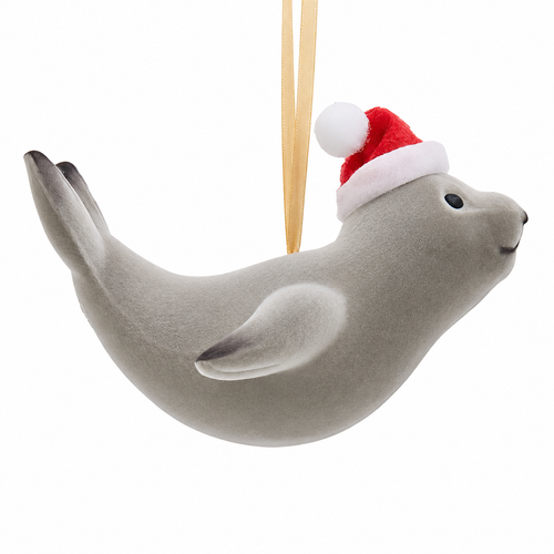 Gray seal Christmas ornament wearing a red Santa hat
Kurt Adler seal ornament with hanging ribbon and flippers
3.7 inch gray plastic seal ornament for holiday décor