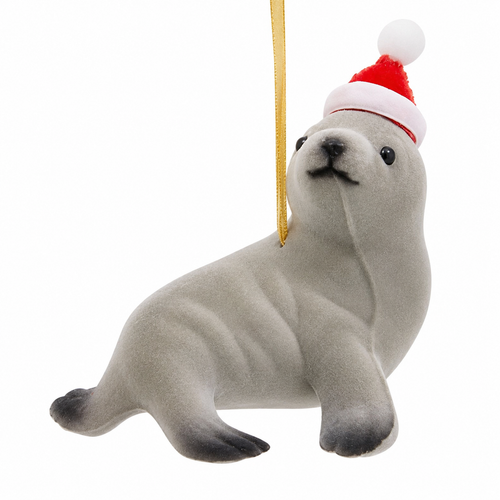 Sitting gray seal Christmas ornament wearing a red Santa hat
Gray seal ornament with detailed flippers and hanging ribbon
Kurt Adler 3.7 inch sitting seal ornament for coastal holiday décor