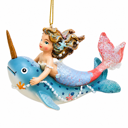 Mermaid riding a blue narwhal Christmas ornament with glitter accents
Colorful coastal ornament featuring a mermaid with flowing hair and ocean details
Kurt Adler mermaid and narwhal ornament for beach-themed holiday décor
