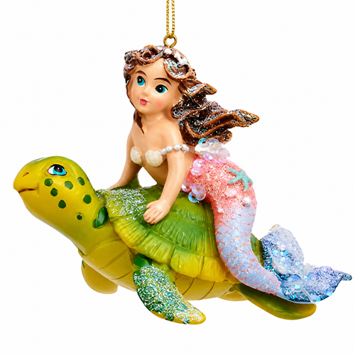 Mermaid riding sea turtle Christmas ornament with glitter accents
Colorful coastal ornament featuring a mermaid on a sea turtle
Kurt Adler mermaid and sea turtle ornament for nautical holiday décor