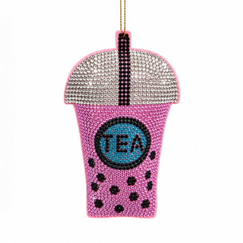 Pink bubble tea Christmas ornament with glittering Bedazzled Collection details.
UV-reactive boba tea ornament made with fabric mâché, plastic, and polyester.
Sparkling pink drink ornament for trees, garlands, kitchen décor, and café themes.
