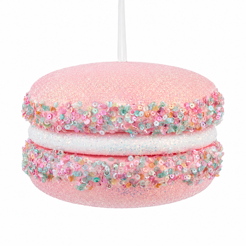 Pink macaron Christmas ornament with glittered cookie texture and colorful sprinkle-style accents.
Dessert-themed hanging ornament shaped like a pink sandwich cookie.
Pastel pink cookie ornament for candy, bakery, and whimsical Christmas décor.