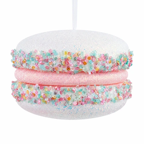 White macaron Christmas ornament with glittered cookie texture and colorful sprinkle-style accents.
Dessert-inspired hanging ornament shaped like a white sandwich cookie.
Pastel white cookie ornament for candy, bakery, and whimsical Christmas décor.