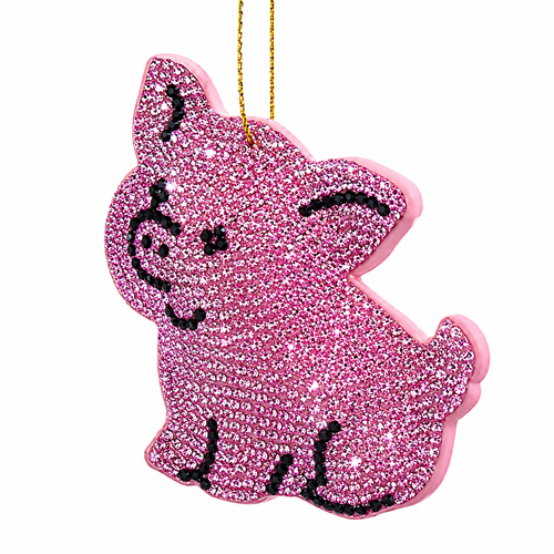 Pink bedazzled pig Christmas ornament with black accent details
3 inch pig ornament made with fabric mâché, plastic, and polyester
Sparkling animal ornament hanging from a gold cord