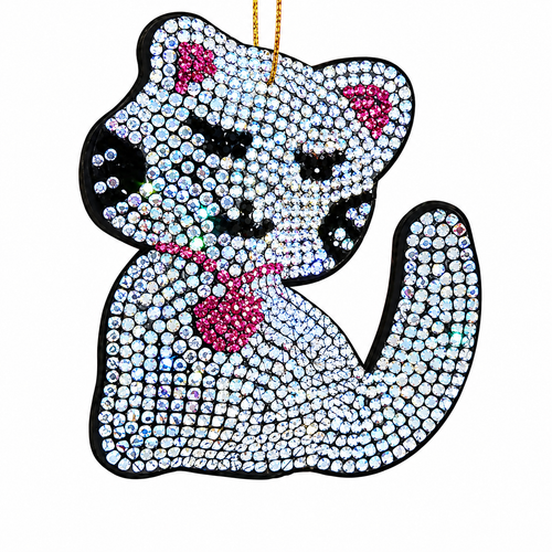 Bedazzled cat Christmas ornament with glitter and gem accents
3 inch cat ornament made with fabric mâché, plastic, and polyester
Sparkling cat animal ornament for holiday tree decorating