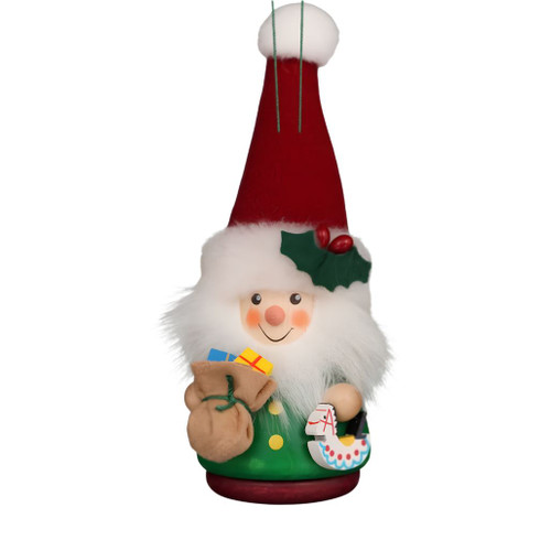 Santa dwarf hanging ornament with red hat and white beard, holding toy-filled sack, 5 inches tall, wooden.
Front view showing smiling face and holly detail.
Decorative Christmas tree accent with colorful toy details.