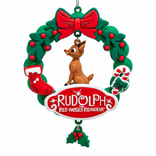 “Rudolph the Red Nose Reindeer ornament with green wreath and glitter detailing”
“Close‑up of plastic Rudolph ornament hanging with wreath accent”
“Holiday tree ornament showing Rudolph character with wreath decoration”