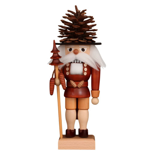 Front view of Christian Ulbricht Coneman Nutcracker
Natural wood finish with pinecone hat and white beard
11.2 inches tall, handcrafted wooden figure