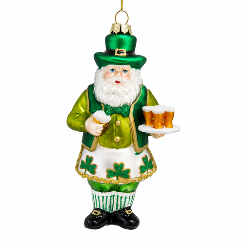 Glass Irish Santa ornament holding a green shamrock and frothy beer, hanging from gold string.