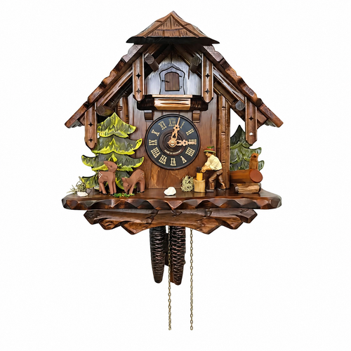 Front view of Engstler lumberjack cuckoo clock, 12.5"H x 11.5"W, wooden construction with weight-driven movement.
Lumberjack figure chopping wood next to trees and animals.
Chalet-style roof with cuckoo bird above clock dial.