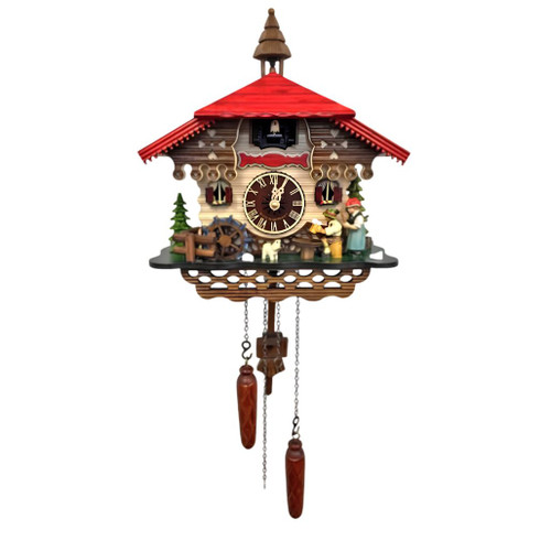Black Forest wooden cuckoo clock with red roof, decorative figurines, and hanging pinecone weights.
10"H x 6"W x 15"D, battery-operated movement.
Clock face with Roman numerals and hourly cuckoo.