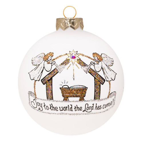 Round glass ornament depicting a glittering nativity scene with angels, baby Jesus in a manger, star above, 3.5-inch size, made in North Carolina, USA.