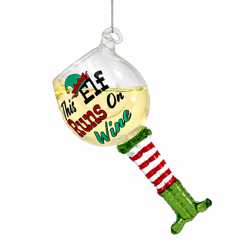 Glass white wine Christmas ornament with elf-leg stem and “This Elf Runs On Wine” text.

Runs On Wine ornament with pale wine glass, red striped leg, and green elf shoe.

3.8-inch multicolor glass wine ornament with painted elf hat and holiday lettering.