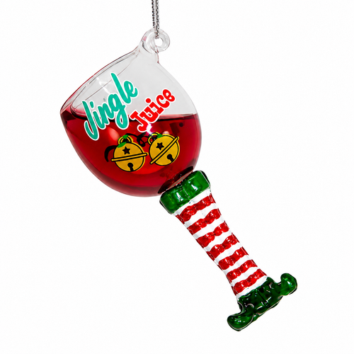 Glass red wine Christmas ornament with elf-leg stem and “Jingle Juice” text.

Jingle Juice ornament showing red wine glass, gold bells, striped leg, and green elf shoe.

3.8-inch multicolor glass wine ornament with painted bell artwork and hanging loop.
