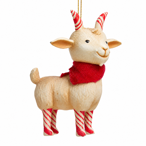 Cream goat ornament with red scarf and candy cane-striped horns and legs.
Kurt Adler Candy Cane Goat Ornament with peppermint-inspired holiday accents.
4-inch resin goat Christmas ornament with hanging cord for whimsical tree décor.