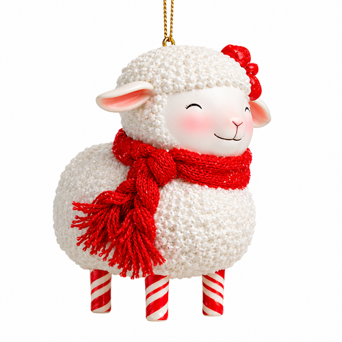 White sheep ornament with textured fleece, red scarf, and red bow.
Candy cane-striped legs add a festive peppermint-inspired holiday look.
4-inch resin sheep Christmas ornament with hanging cord for tree decorating.