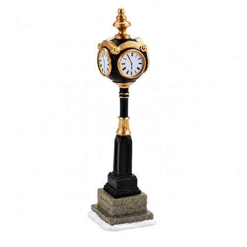 Department 56 Uptown Clock village accessory with black and gold street clock design.
Polyresin city street clock featuring multiple clock faces on a decorative pedestal.
Miniature village clock accessory for Department 56 Uptown City displays.