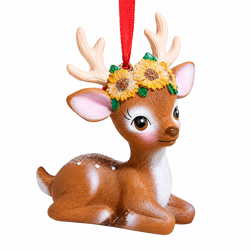 Reclining deer Christmas ornament with antlers and a yellow flower crown accented by green leaves.
Kurt Adler woodland deer ornament with brown and white coloring and expressive eyes.
3-inch resin deer ornament with floral accents and red ribbon hanger for holiday decorating.