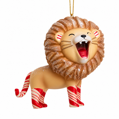 Whimsical lion ornament with glittered mane and red-and-white candy cane striped legs and tail.
Kurt Adler Candy Cane Lion Ornament featuring a smiling lion with peppermint-inspired accents.
5.3-inch resin Christmas ornament with hanging cord for animal and candy-themed holiday décor.