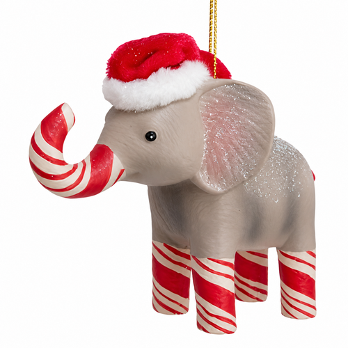 Elephant ornament with peppermint-striped trunk and legs wearing a red Santa hat.
Kurt Adler Candy Cane Elephant Ornament featuring glittered details and festive holiday styling.
5.3-inch resin elephant Christmas ornament with candy cane accents and hanging cord.