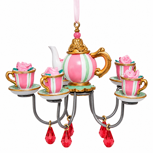 Striped teapot chandelier ornament with matching teacups, saucers, and pink rose accents.
Kurt Adler tea-themed ornament with curved arms and dangling red plastic drops.
4-inch resin, iron, and plastic tea chandelier ornament with pink ribbon hanger.