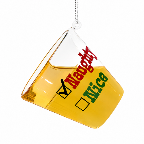 Glass tequila shot Christmas ornament with naughty and nice checklist lettering.
Tilted shot glass ornament with golden drink detail and red and green text.
2.6-inch funny bar-themed holiday ornament hanging from a silver cord.