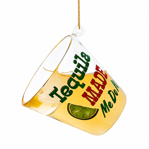 Glass tequila shot Christmas ornament with “Tequila Made Me Do It” lettering.
Tilted shot glass ornament with golden drink detail and lime graphic.
2.6-inch funny bar-themed holiday ornament hanging from a gold cord.