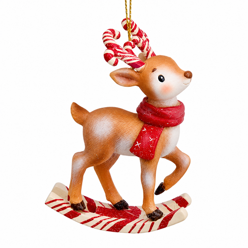 Rocking reindeer Christmas ornament with candy cane striped antlers and base.
Resin reindeer ornament wearing a red scarf and standing on a red-and-white rocker.
3.75-inch holiday ornament with gold hanging cord and festive candy cane details.