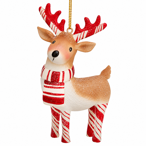 Brown reindeer Christmas ornament with candy cane striped legs and antlers.
Resin reindeer ornament wearing a red-and-white striped scarf with glittered accents.
3.75-inch woodland holiday ornament with gold hanging cord.