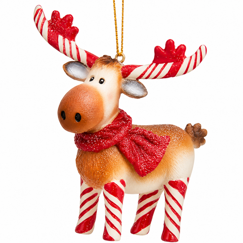 Brown moose Christmas ornament with candy cane striped antlers and legs.
Resin moose ornament featuring a red scarf and whimsical holiday design.
3.75-inch woodland ornament with red-and-white candy cane accents and gold hanging cord.