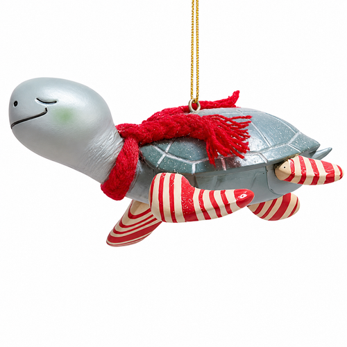 Turtle Christmas ornament with candy cane striped flippers and tail.
Resin sea turtle ornament with blue-green shell and red scarf.
3.5-inch coastal holiday ornament hanging from a gold cord.
