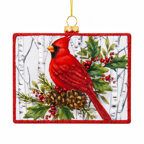 Glass cardinal ornament with winter branches, holly, berries, and pinecones.
Red cardinal Christmas scene ornament with glittered red border.
4.5-inch nature-themed holiday ornament with gold hanging cord.