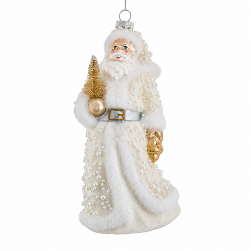 Pearlescent Santa Christmas ornament holding a gold tree and gold sack.
Glass Santa ornament with white coat, pearl-like accents, and fluffy trim.
7.5-inch elegant Santa holiday ornament with silver hanging loop.