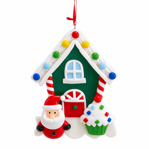 Santa sweets house Christmas ornament with green house, red door, and candy cane trim.
Claydough ornament featuring Santa, a frosted cupcake, and colorful roof lights.
4.5-inch candy-themed holiday ornament hanging from a red ribbon.