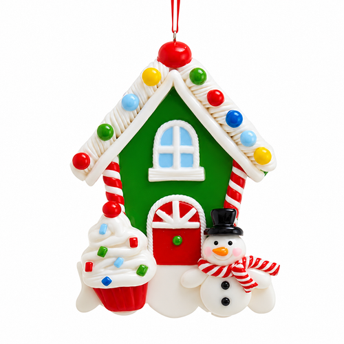 Snowman sweets house Christmas ornament with green house, red door, and candy cane trim.
Claydough ornament featuring a snowman, frosted cupcake, and colorful roof lights.
4.5-inch candy-themed holiday ornament hanging from a red ribbon.