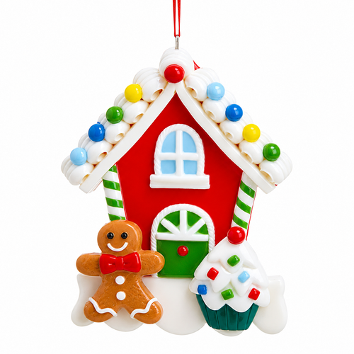 Gingerbread man sweets house ornament with red house, green door, and candy trim.
Claydough ornament featuring a gingerbread man, frosted cupcake, and colorful roof lights.
4.5-inch candy-themed Christmas ornament hanging from a red ribbon.