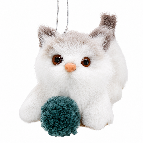 White furry cat ornament with a teal yarn ball.
Cat-themed Christmas ornament with plush-style fur, expressive eyes, and silver hanging cord.
3.5-inch ornament made from polypropylene and plastic.