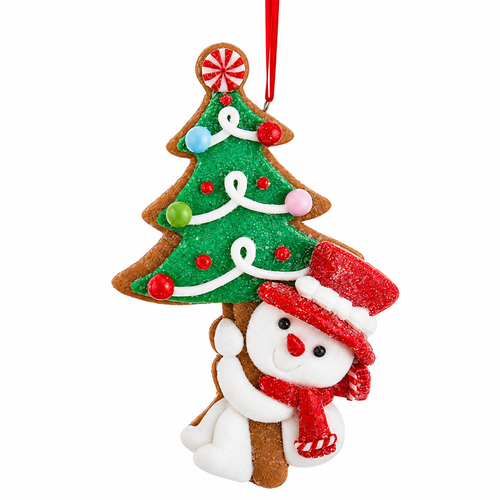 Snowman ornament hugging a decorated cookie Christmas tree with candy accents.
Claydough Christmas ornament with glittered red hat, scarf, and icing details.
5-inch gingerbread-inspired holiday ornament with red hanging ribbon.