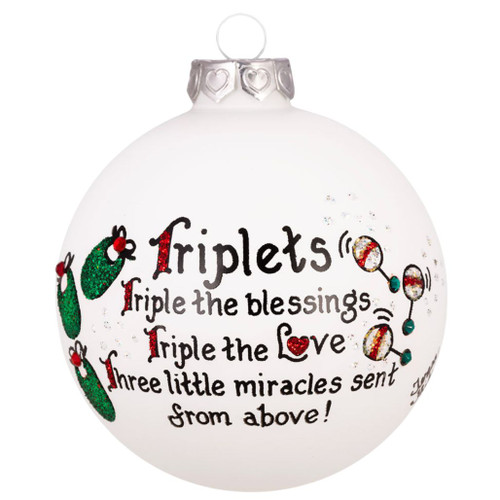 Triplets glass Christmas ornament featuring a heartfelt poem and decorative accents.
White glass ornament embellished with Swarovski crystals and colorful glitter details.
3.5-inch keepsake ornament handmade in North Carolina, USA.