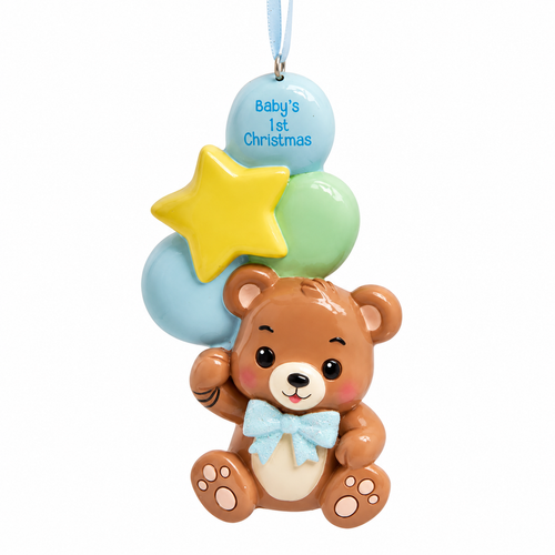 Baby’s 1st Christmas boy bear ornament holding pastel balloons and a yellow star.
Resin teddy bear ornament with blue bow, blue hanging ribbon, and printed balloon text.
3.75-inch Kurt Adler keepsake ornament that can be hand personalized.