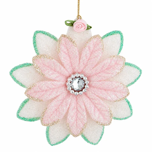 Pink and white glitter poinsettia ornament with layered floral petals.
Decorative Christmas flower ornament featuring a jeweled center and rose accent.
4.7-inch plastic poinsettia ornament with sparkling pastel holiday colors.