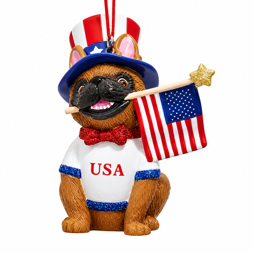Patriotic dog ornament wearing a USA shirt and red, white, and blue top hat.
Resin dog Christmas ornament holding an American flag with a gold star.
3-inch Kurt Adler America 250th hanging ornament with Americana details.