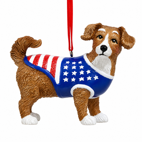 Patriotic dog Christmas ornament wearing a red, white, and blue stars-and-stripes sweater.
Resin dog ornament with detailed brown and white fur and Americana-inspired design.
3-inch Kurt Adler America 250th hanging ornament for patriotic holiday displays.