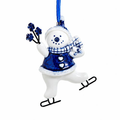 Ice skating snowman ornament holding blue flowers and wearing a blue coat.
Porcelain snowman Christmas ornament with scarf, skates, and painted mica details.
3.5-inch Kurt Adler hanging ornament for winter and snowman holiday décor.