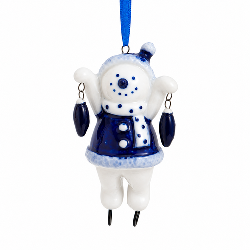 Ice skating snowman ornament holding hanging blue ornaments.
Porcelain snowman Christmas ornament with blue coat, scarf, and skates.
3.5-inch Kurt Adler winter ornament with painted mica details.