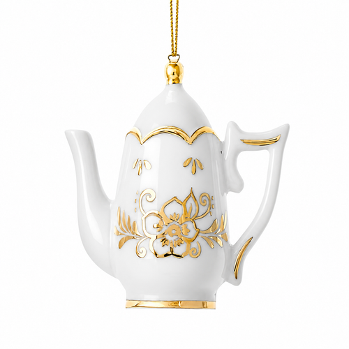 White and gold coffee pot ornament with ornate floral detailing.
Porcelain coffee pot Christmas ornament with curved handle, spout, and lid.
3-inch Kurt Adler hanging ornament for coffee lover and kitchen holiday décor.