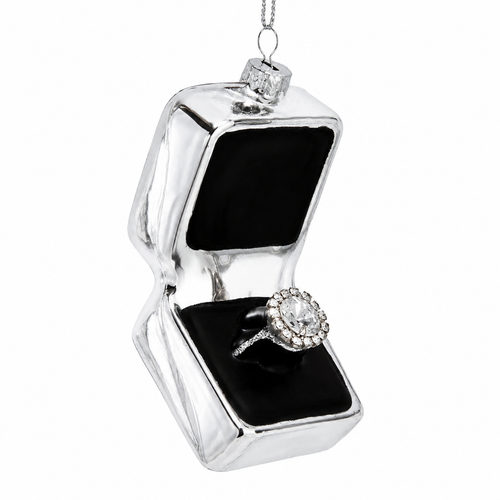 Silver ring box Christmas ornament with black interior and sparkling ring detail.
Glass and aluminum open jewelry box ornament with shiny silver finish.
3-inch Kurt Adler hanging ornament for engagement or wedding-themed holiday décor.