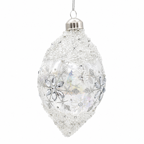 Iridescent drop-shaped ornament with silver snowflake designs and crystal-inspired accents.
Kurt Adler 4-inch glass and plastic ornament featuring textured bead embellishments.
Winter-themed Christmas ornament with shimmering finish, silver cap, and hanging cord.